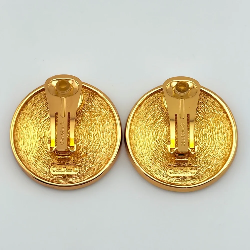 Vintage Christian Dior Gold Plated Monogram Button Clip On Earrings HUGE - Picture 4 of 6